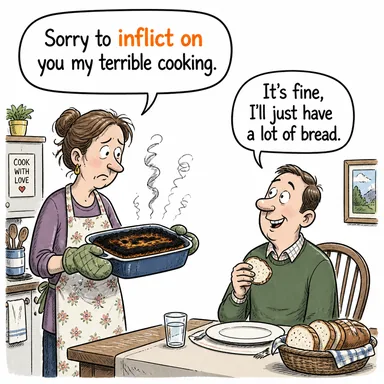 inflict on ((acı/ceza) çektirmek, uğratmak, (darbe) indirmek) karikatürü — diyalogla bağlam içinde öğren