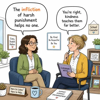 infliction ((ceza/acı) verme, çektirme) karikatürü — diyalogla bağlam içinde öğren