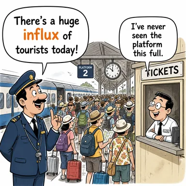 influx (akın, giriş (insan/para seli), hücum) karikatürü — diyalogla bağlam içinde öğren