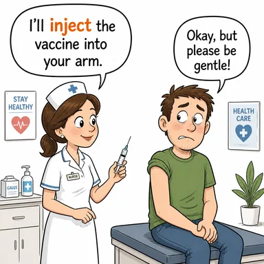 inject (enjekte etmek, şırınga etmek, (para/kaynak) aktarmak) karikatürü — diyalogla bağlam içinde öğren