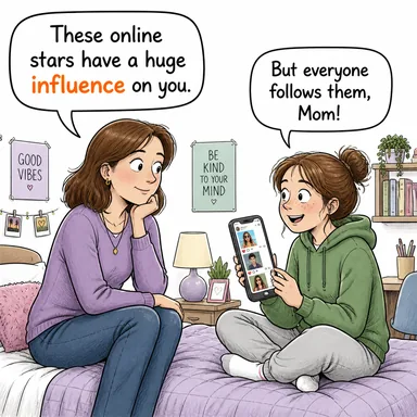 influence (etki, nüfuz, sözü geçme) karikatürü — diyalogla bağlam içinde öğren