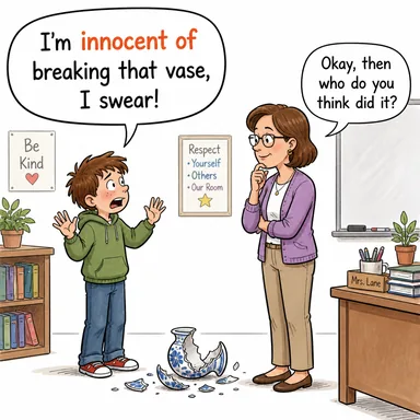 innocent of ((-den) suçsuz, masum, habersiz) karikatürü — diyalogla bağlam içinde öğren