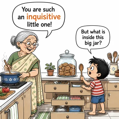 inquisitive (meraklı, araştırmacı, sorgulayıcı) karikatürü — diyalogla bağlam içinde öğren