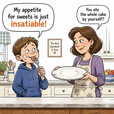 insatiable (doyumsuz, tatmin olmaz, açgözlü) karikatürü — diyalogla bağlam içinde öğren