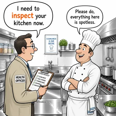 inspect (denetlemek, teftiş etmek, incelemek) karikatürü — diyalogla bağlam içinde öğren