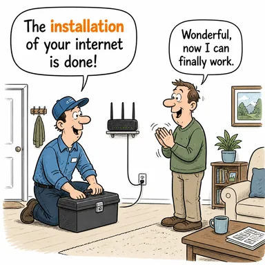 installation (kurulum, tesisat, montaj, yerleştirme) karikatürü — diyalogla bağlam içinde öğren
