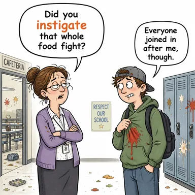 instigate (kışkırtmak, körüklemek, (olay) başlatmak) karikatürü — diyalogla bağlam içinde öğren