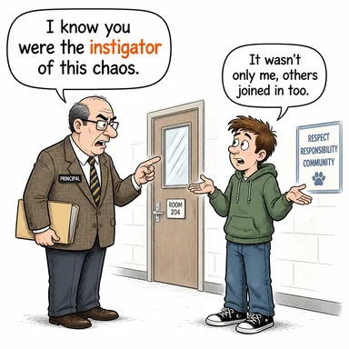 instigator (kışkırtıcı, elebaşı) karikatürü — diyalogla bağlam içinde öğren