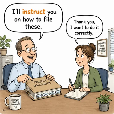instruct (talimat vermek, eğitmek, öğretmek) karikatürü — diyalogla bağlam içinde öğren