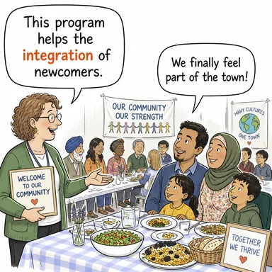 integration (bütünleşme, entegrasyon, uyum) karikatürü — diyalogla bağlam içinde öğren