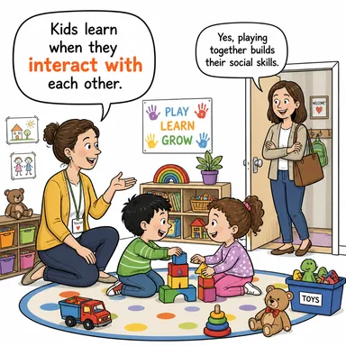 interact with (etkileşime girmek, iletişim kurmak) karikatürü — diyalogla bağlam içinde öğren