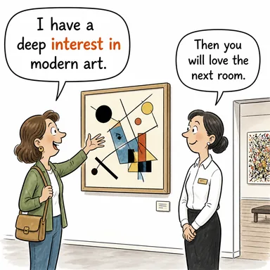 interest in (ilgi, alaka) karikatürü — diyalogla bağlam içinde öğren