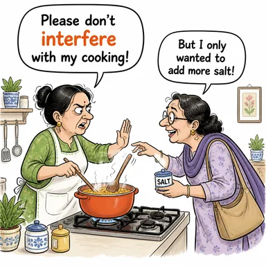 interfere (müdahale etmek, karışmak, araya girmek) karikatürü — diyalogla bağlam içinde öğren