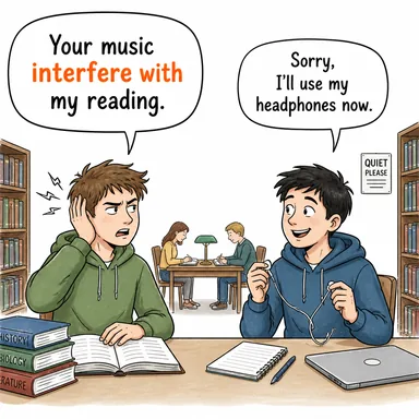 interfere with (engellemek, aksatmak) karikatürü — diyalogla bağlam içinde öğren