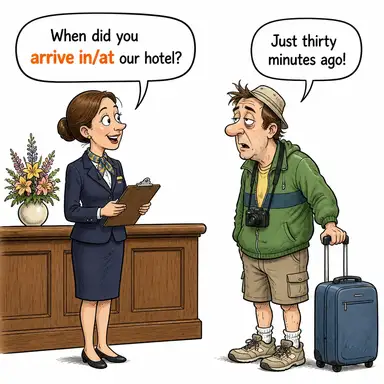 arrive in/at (varmak, ulaşmak) karikatürü — diyalogla bağlam içinde öğren