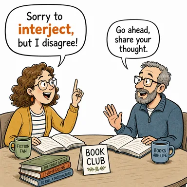 interject (laf atmak, araya laf sıkıştırmak, sözünü kesmek) karikatürü — diyalogla bağlam içinde öğren