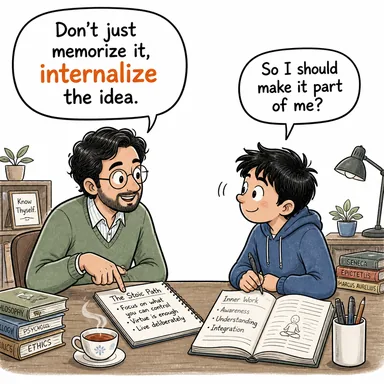internalize (içselleştirmek, benimsemek) karikatürü — diyalogla bağlam içinde öğren