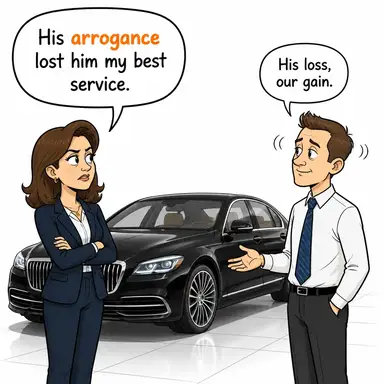 arrogance (kibir, küstahlık, büyüklenme) karikatürü — diyalogla bağlam içinde öğren