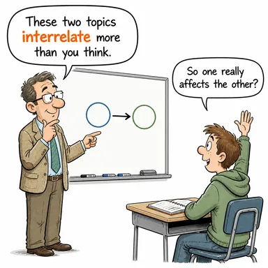 interrelate (birbiriyle ilişki kurmak/olmak, karşılıklı etkilemek) karikatürü — diyalogla bağlam içinde öğren