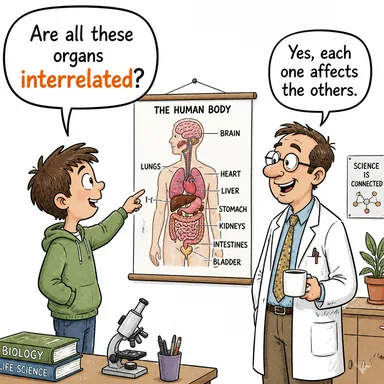 interrelated (birbiriyle ilişkili, bağlantılı) karikatürü — diyalogla bağlam içinde öğren