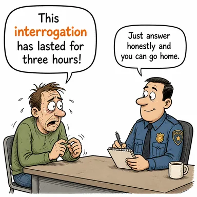 interrogation (sorgulama, istintak) karikatürü — diyalogla bağlam içinde öğren