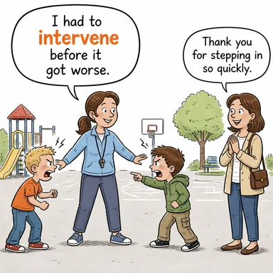 intervene (müdahale etmek, araya girmek) karikatürü — diyalogla bağlam içinde öğren