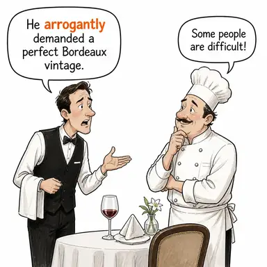 arrogantly (kibirle, küstahça) karikatürü — diyalogla bağlam içinde öğren