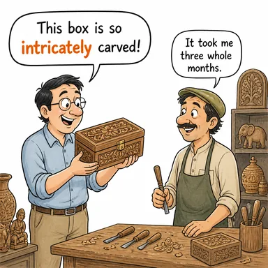 intricately (karmaşık/ince bir şekilde, detaylıca) karikatürü — diyalogla bağlam içinde öğren