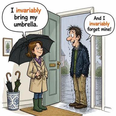 invariably (daima, şaşmaz bir şekilde, sürekli) karikatürü — diyalogla bağlam içinde öğren