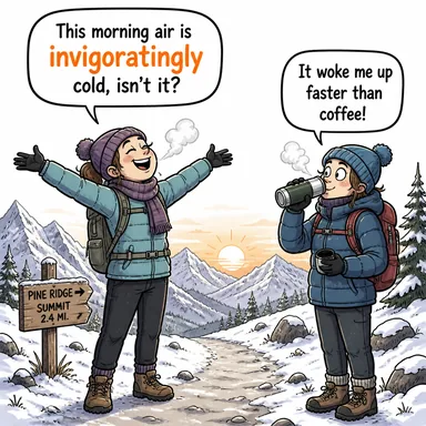 invigoratingly (canlandırıcı bir şekilde, güç verircesine) karikatürü — diyalogla bağlam içinde öğren