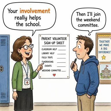 involvement (dahil olma, ilişki, katılım, karışma) karikatürü — diyalogla bağlam içinde öğren