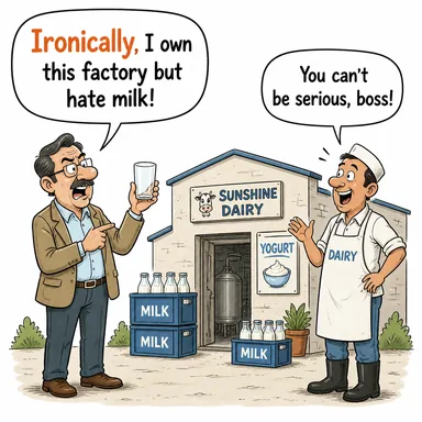 ironically (işin garibi, alaycı bir şekilde) karikatürü — diyalogla bağlam içinde öğren