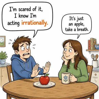 irrationally (mantıksızca, akıl dışı bir şekilde) karikatürü — diyalogla bağlam içinde öğren