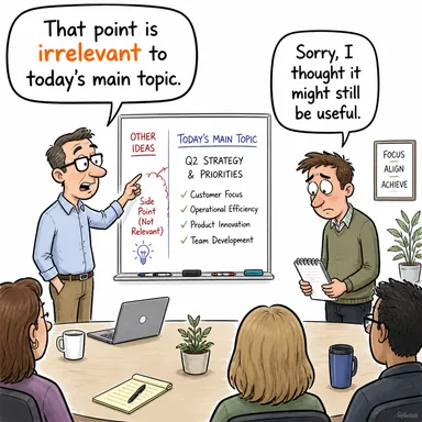 irrelevant (ilgisiz, alakasız, konu dışı) karikatürü — diyalogla bağlam içinde öğren
