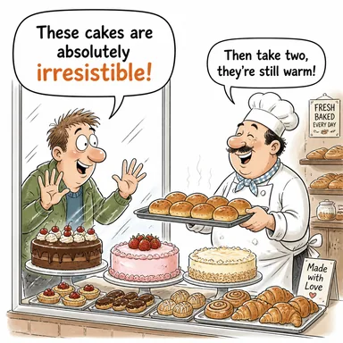 irresistible (karşı konulmaz, dayanılmaz) karikatürü — diyalogla bağlam içinde öğren