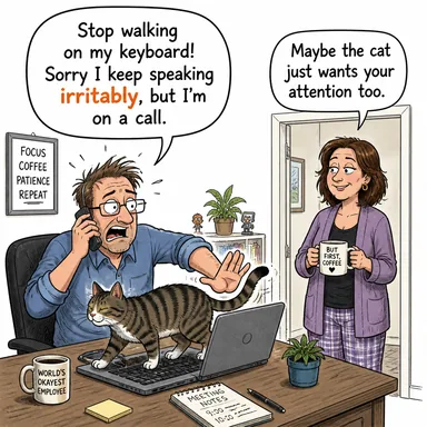 irritably (sinirli bir şekilde, asabice) karikatürü — diyalogla bağlam içinde öğren