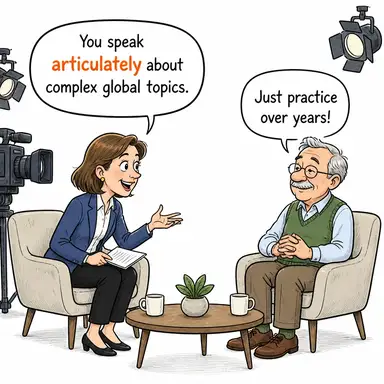 articulately (açık ve net bir şekilde, düzgün bir ifadeyle) karikatürü — diyalogla bağlam içinde öğren