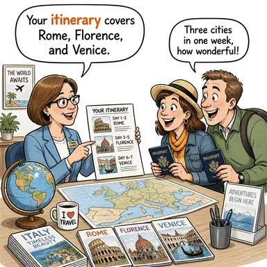 itinerary (seyahat programı, güzergah) karikatürü — diyalogla bağlam içinde öğren