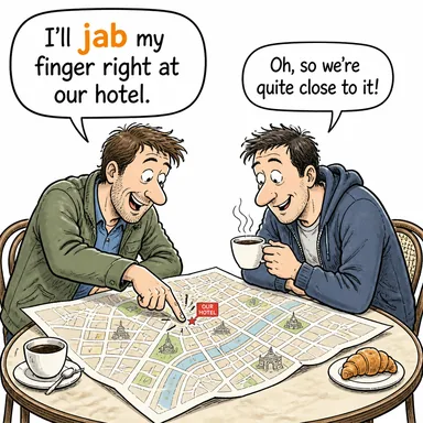 jab (dürtmek, (yumruk/iğne) saplamak) karikatürü — diyalogla bağlam içinde öğren