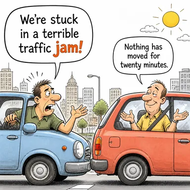 jam (sıkışmak, kilitlemek, (trafiği) tıkamak, reçel) karikatürü — diyalogla bağlam içinde öğren