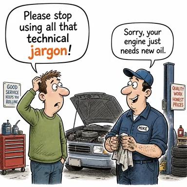 jargon (mesleki dil, jargon) karikatürü — diyalogla bağlam içinde öğren