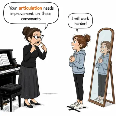 articulation (telaffuz, (düşünceyi) ifade etme, eklemleme) karikatürü — diyalogla bağlam içinde öğren