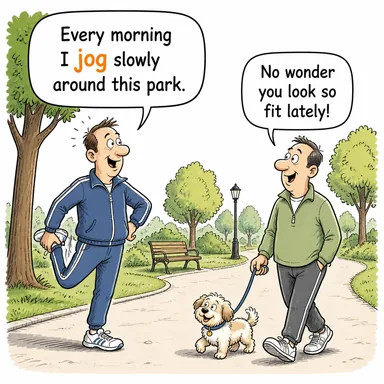 jog (hafif koşu yapmak, (hafıza) dürtmek/hatırlatmak) karikatürü — diyalogla bağlam içinde öğren