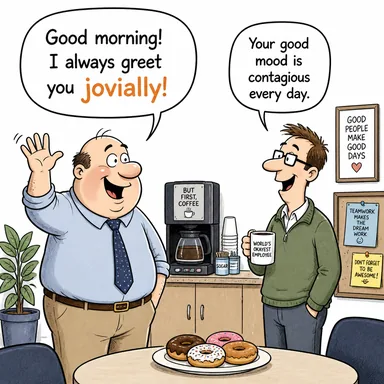 jovially (neşeyle, şen şakrak bir şekilde) karikatürü — diyalogla bağlam içinde öğren