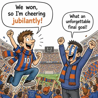 jubilantly (coşkuyla, büyük bir sevinçle) karikatürü — diyalogla bağlam içinde öğren