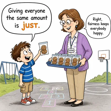 just (adil, haklı, (zarf: sadece, tam)) karikatürü — diyalogla bağlam içinde öğren