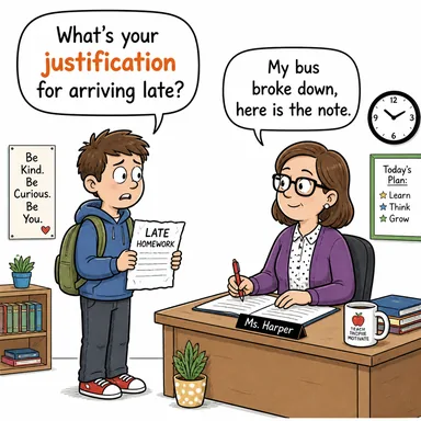 justification (gerekçe, haklı neden, mazeret) karikatürü — diyalogla bağlam içinde öğren