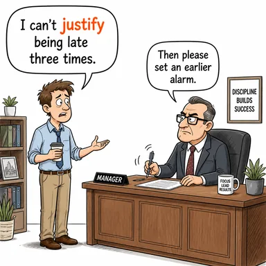 justify (haklı çıkarmak, meşrulaştırmak, gerekçelendirmek) karikatürü — diyalogla bağlam içinde öğren