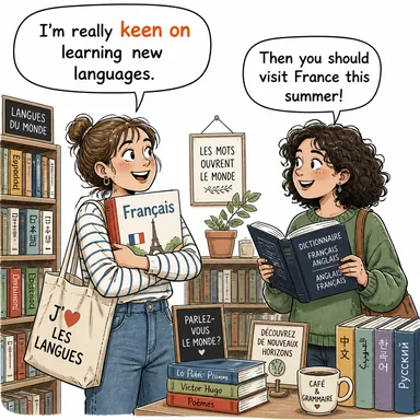 keen on (meraklı, hevesli, düşkün) karikatürü — diyalogla bağlam içinde öğren
