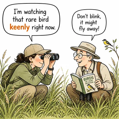 keenly (keskin bir şekilde, hevesle, derinden) karikatürü — diyalogla bağlam içinde öğren